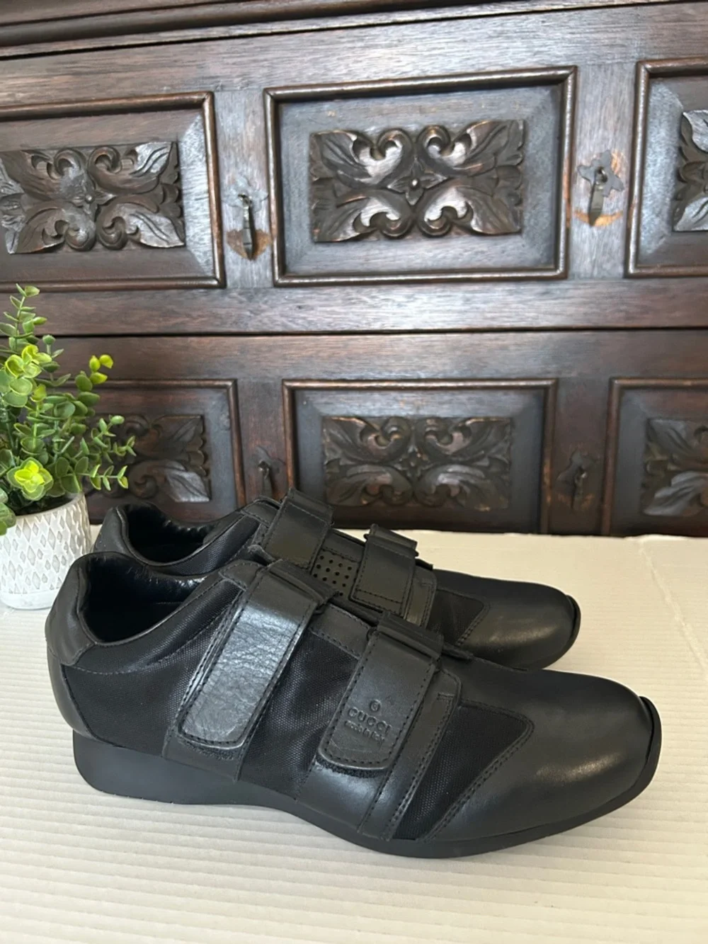 Gucci Black Leather & Textile Velcro Slip-On Sneakers - Picture 3 of 13